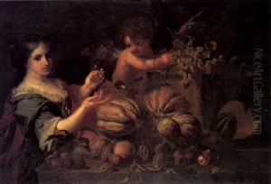 Still Life Of Various Fruits With A Lady And A Putto