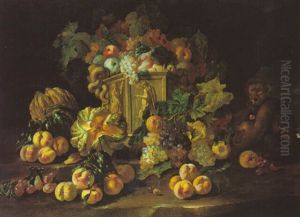 Still Life Of Grapes, Plums, Melons And Peaches With A Monkey