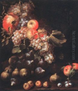 Still Life Of Grapes, Apples, Figs And Other Fruits On A Stone Ledge