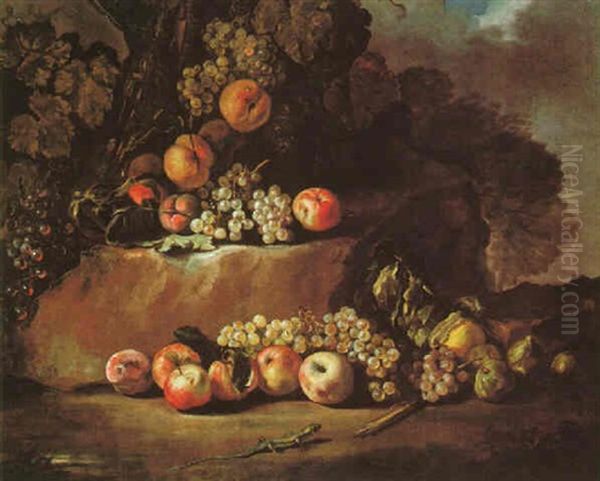 Still Life Of Grapes, Apples, Figs And A Lizard In A Landscape - view 1