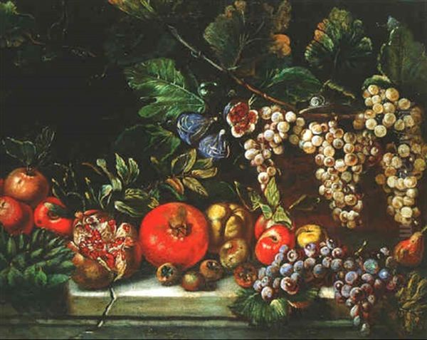 Nature Morte Aux Raisins, Grenades Et Figues Sur Un Entablement - view 1