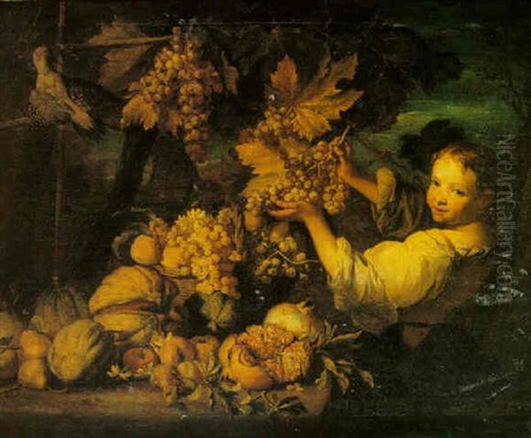 Still Life Of Grapes, Melons, Pomegranates, And Pears With A Servant Girl And A Jay by Michelangelo di Campidoglio