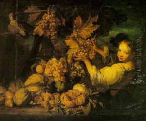 Still Life Of Grapes, Melons, Pomegranates, And Pears With A Servant Girl And A Jay