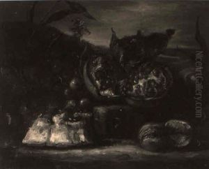 A Watermelon, Pomegranates, Figs And Grapes On A Rocky Bank