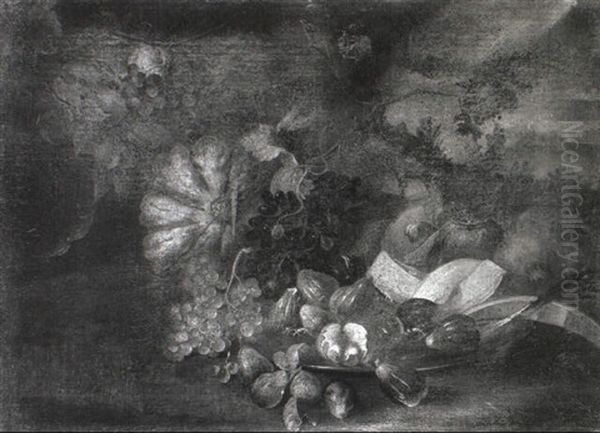 Figs, Melons, Apples And Grapes On A Rocky Bank - view 1