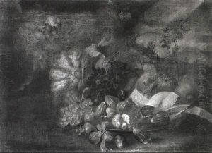 Figs, Melons, Apples And Grapes On A Rocky Bank