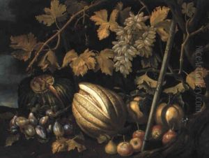 Melons And Other Fruit On A Bank Beneath Grape Vines