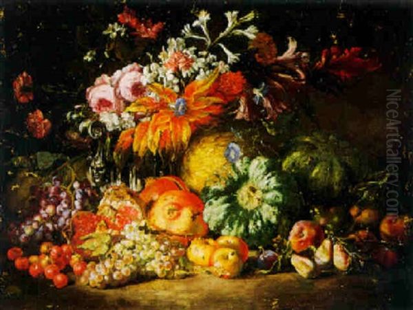 Still Life Of Melons, Pomegranates, Grapes, Pears, Plums And Other Fruit With Flowers And A Sculpted Urn by Michelangelo di Campidoglio