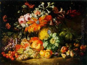 Still Life Of Melons, Pomegranates, Grapes, Pears, Plums And Other Fruit With Flowers And A Sculpted Urn