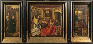 The Merode Altarpiece: The Annunciation With St. Joseph And Donors (triptych) by Robert Campin