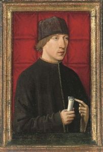 Portrait Of A Man, Half-length, In A Black Coat With Gold Trim And A Cap, Before A Red Cloth by Robert Campin