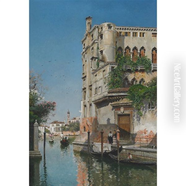 A Sunlit Venetian Backwater With Gondaliers - view 1