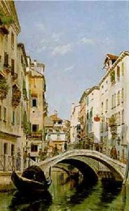 Figures Crossing A Bridge Over A Venetian Canal by Federico del Campo