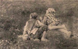 Due Contadinelli Sul Prato by Alceste Campriani