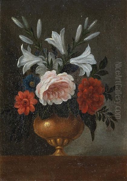 Lilies, Peonies, A Rose And Other Flowers In A Gilt Vase On A Table-top - view 1