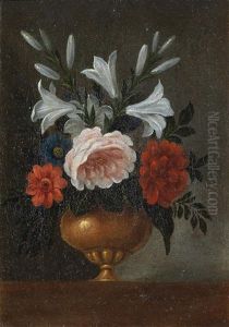Lilies, Peonies, A Rose And Other Flowers In A Gilt Vase On A Table-top by Pedro de Camprobin