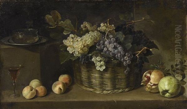 Still Life With A Basket Of Grapes, Peaches, An Apple, A Pomegranate, And Tableware - view 1