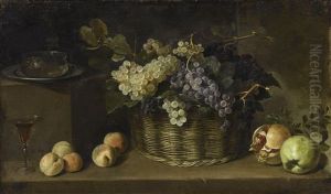 Still Life With A Basket Of Grapes, Peaches, An Apple, A Pomegranate, And Tableware by Pedro de Camprobin