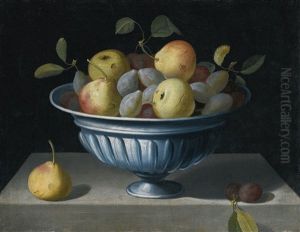 Still Life With Pears And Plums In A Vase, On A Stone Ledge