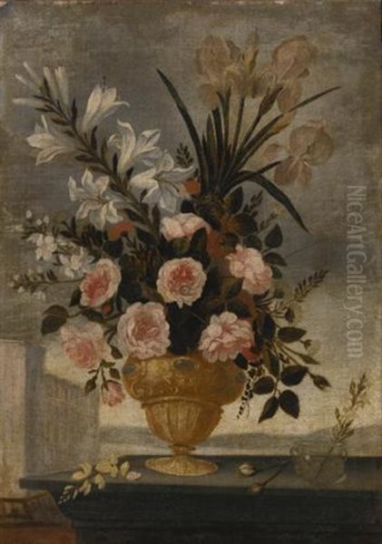 Still Life Of Iris, Lilies, Roses And Carnations In Elaborate Urn, With A Blue And White Cup And A Small Glass Vase, Landscapes Beyond (pair) by Pedro de Camprobin