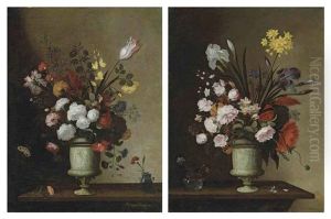 Roses, Carnations, A Tulip And Other Flowers In A Sculpted Alabaster Urn, With A Carnation In A Glass Vase... (+ Roses, Lilies, Iris And Other...; Pair) by Pedro de Camprobin