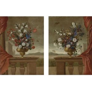 Still Lifes Of Lilies, Roses, Irises, Morning Glory And Carnations, Arranged In Gilt Vases, Upon A Stone Balustrade Draped With A Red Curtain, Surrounded By Butterflies, With A View Overlooking The Grounds Of A Palace (pair) by Pedro de Camprobin