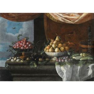 Nature Morte Au Plat De Prunes, Poires, Bouteille Et Rafraichissoir Sur Un Entablement by Pedro de Camprobin