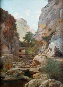Paisaje Rocoso Con Campesina by Tomas Campuzano Y Aguirre