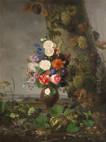 A Still Life Of Flowers In A Landscape With A Town In The Distance - view 1