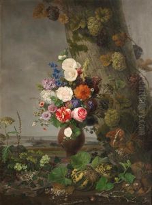 A Still Life Of Flowers In A Landscape With A Town In The Distance
