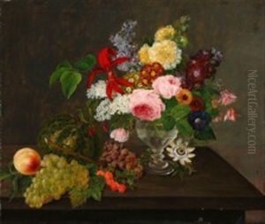 Still Life With Summer Flowers In A Vase And Grapes, Melon, Peach And Gooseberries On A Table by Johannes Ludwig Camradt