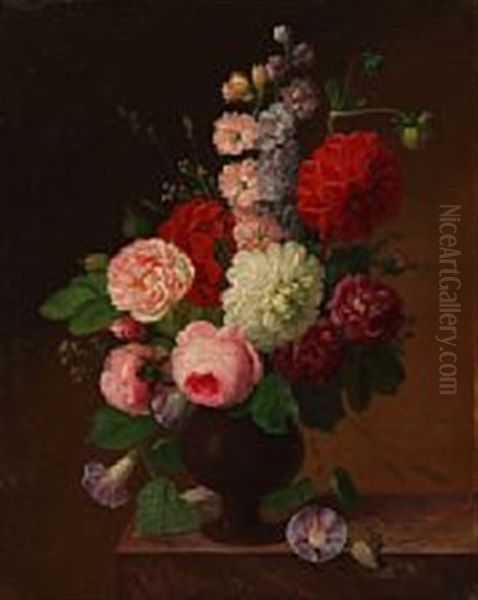 Bouquet Of Roses, Dahlias, Matthiolas And Bindweed In A Vase On A Sill - view 1