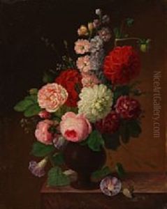 Bouquet Of Roses, Dahlias, Matthiolas And Bindweed In A Vase On A Sill by Johannes Ludwig Camradt