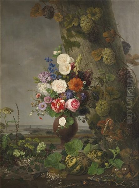 A Still Life Of Flowers In A Landscape, A Town In The Distance by Johannes Ludwig Camradt