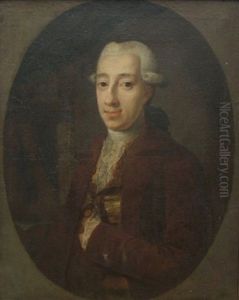 Portraet Af Ludvig Ferdinand Romer I Bordeaux Jakke Og Venstre Hand Under Vesten  (+ Portraet Af Hans Hustru I Kjole Med Slojfer Og Blomster I Venstre Hand; Pair)