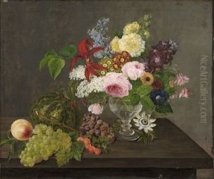 Opstilling Med Bla. Lyserode Roser, Gule Stokroser, Hyacinter, Syrener, Snerle, Passionsblomst Og Primula, I Glasvase Pa Bord Med Vindruer, Ferskner Og Melon