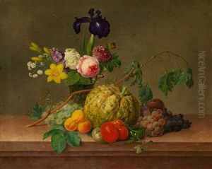 Opstilling Med Blomster Og Frugter Pa En Stenkarm
