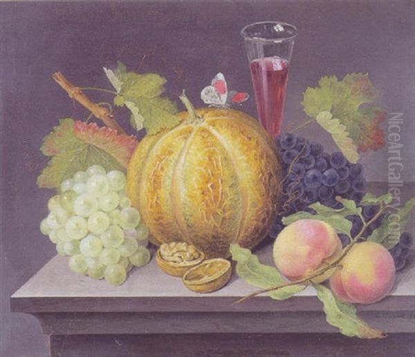 Opstilling Med Vindruer, Melon, Ferskner, Valnod, Vinglas Og Sommerfugl - view 1