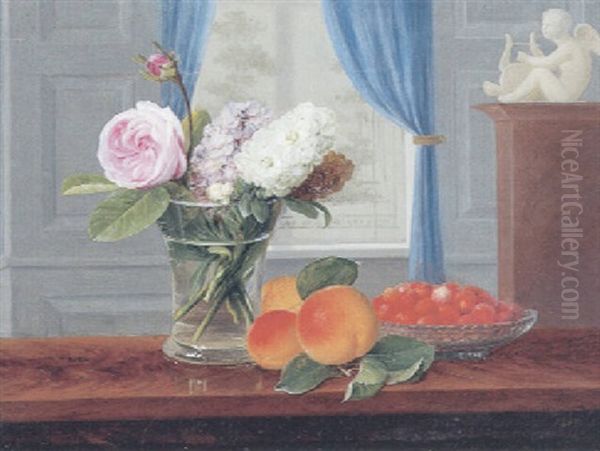 Interior Med Rose Og Levkojer I En Vase Pa Et Bord, Hvorpa Jordbaer I En Skal Og Ferskengren - view 1