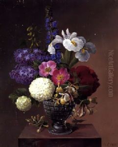 Vase Med Sneboller, Syrener, Roser, Kaprifolier Og Iris