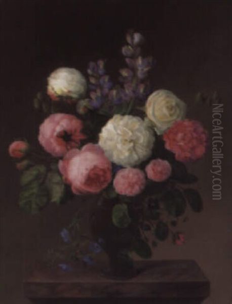 Roses With Lilac And Convolvuli In A Vase On A Marble Plinth - view 1