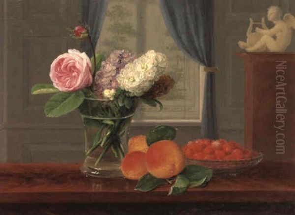 Hyacinths And Roses In A Vase On Ledge With Peaches And Strawberries - view 1
