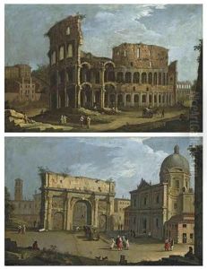 View Of Rome: The Colosseum (+ View Of Rome: The Arch Of Septimius Severus, With The Church Of San Luca And Santa Martina; Pair) by Bernardo Canal