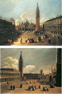 Venise: Vue De La Piazza San Marco Vers La Basilique (+ Venise: Vue De La Piazzetta Vers La Torre Dell'orologio; Pair) by Bernardo Canal