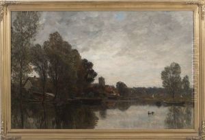 European Riverscape With Village In The Distance