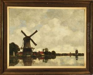 Windmuhle In Einer Niederlandischen Flusslandschaft