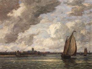 Segelschiffe Vor Hollandischer Kustenlandschaft by Gilbert Von Canal