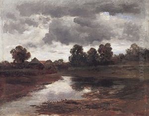 Romantische Teichlandschaft Mit Gehoft, Busch- Und Baumwerk Im Abendlichen Gegenlicht