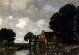 Sommerlandschaft Am Niederrhein Mit Muhlbach, Altem Gehoft Und Ausladender Baumgruppe Sommerlandschaft Am Niederrhein Mit Muhlbach, Altem Gehoft Und Ausladender Baumgruppe