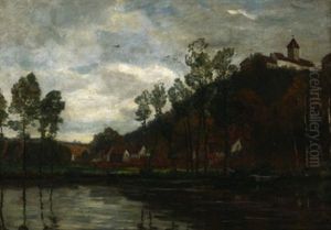 Herbstliche Fluslandschaft. Blick Vom Wasser Auf Ein Kleines Kirchdorf. Am Ufer Ein Einsamer Ruderer by Gilbert Von Canal